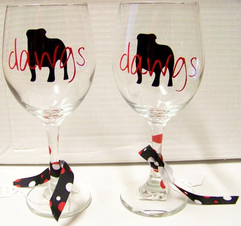 Georgia Bulldogs Football Wine Glasses (Set of 2) 'Black Dawgs silhouette'