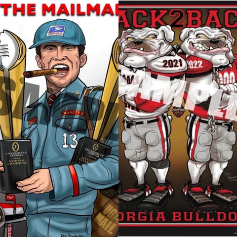 2023 Dave Helwig 2022 Back-2-Back National Championship & The Mailman Art Bundle 18x24in. & 11x14in.