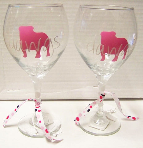 Georgia Bulldogs Football Wine Glasses (Set of 2) 'Pink Dawgs silhouette'